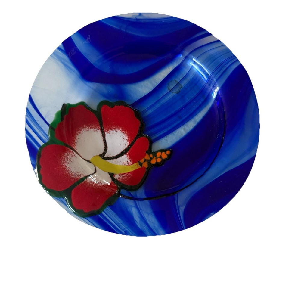Jan Mitchell Studio Art Fused Glass Red Hibiscus Blue Round 7.75"Plate-Signed